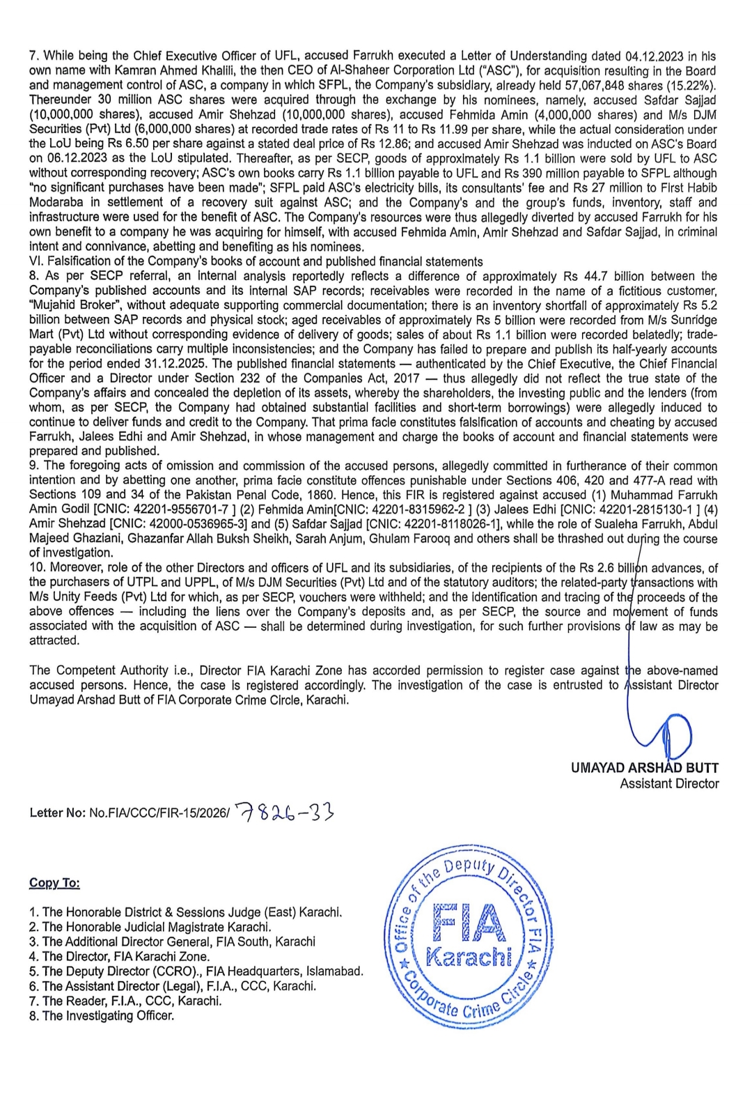 Unity Karachi FIA names Unity Foods' Ex-CEO in Rs44.7bn fraud case